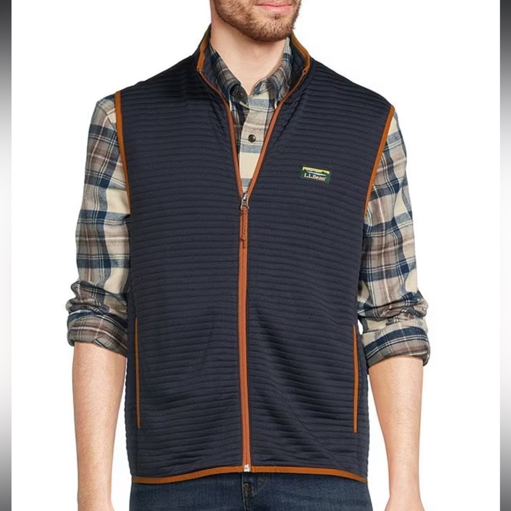 L.L. Bean Men’s Navy Quilted Zip-Front Vest with Brown Trim